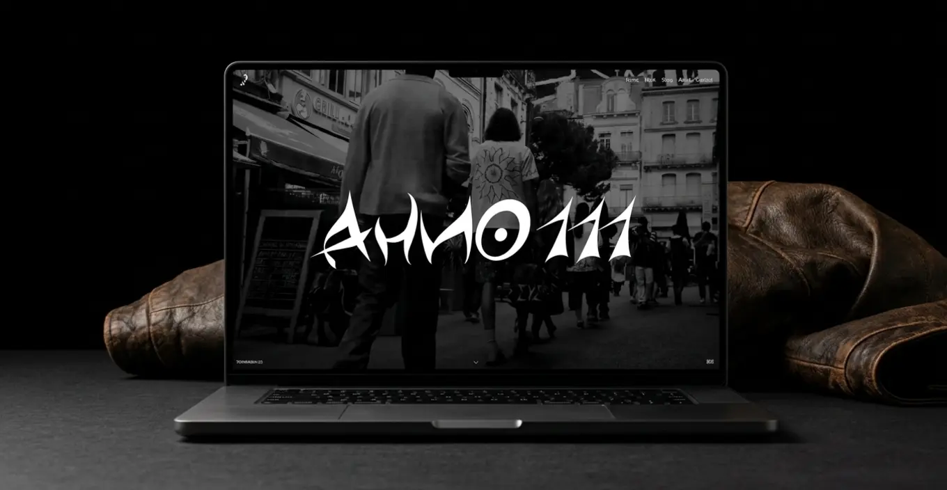 Le site Ahno111 sur un ordinateur portable posé entre deux vestes en cuir.