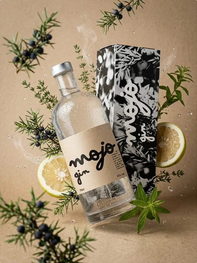 La bouteille Mojo gin et son étui à motif botanique noir et blanc, entre genièvre, verveine et rondelles de pomelo.